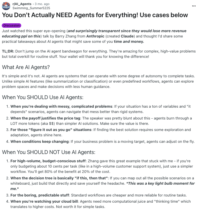 Reddit Thread on You Don't Actually NEED Agents for Everything! Use cases below